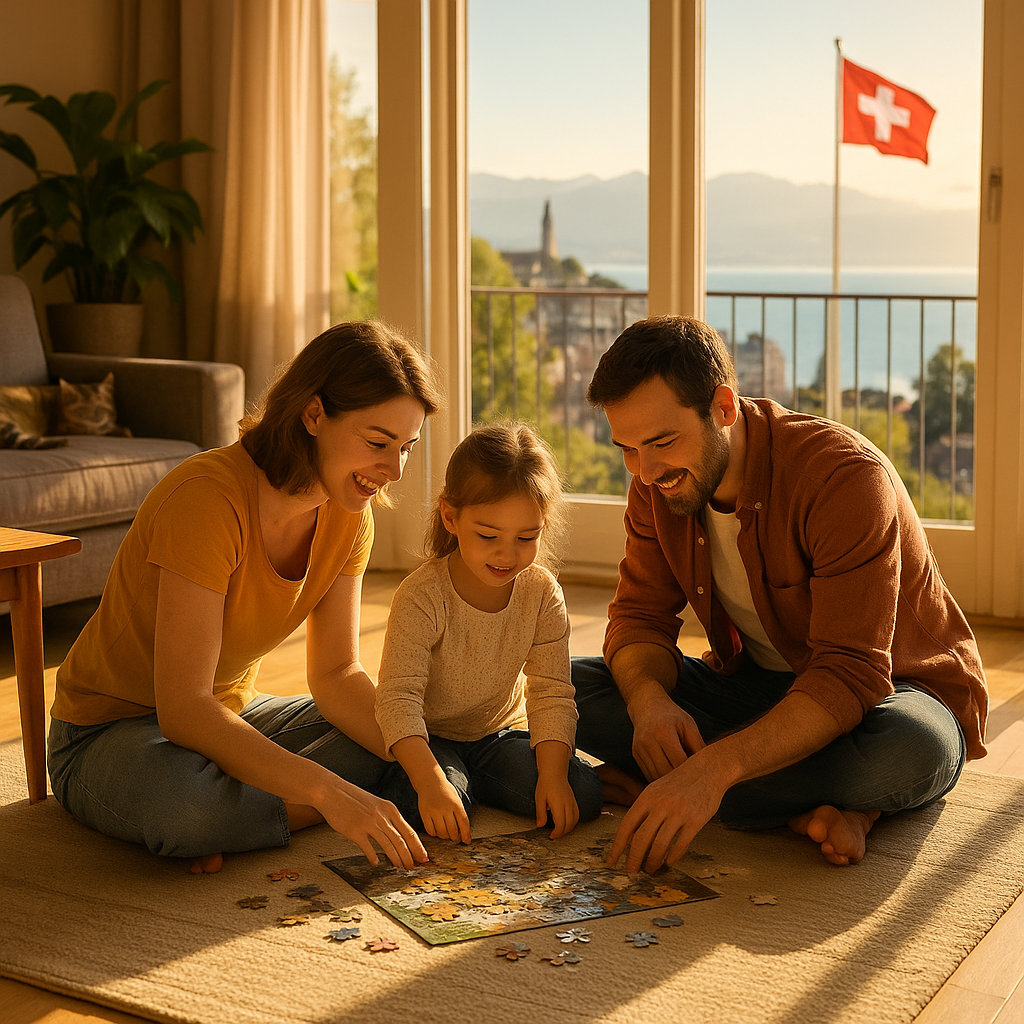 Famille sereine dans un logement confortable